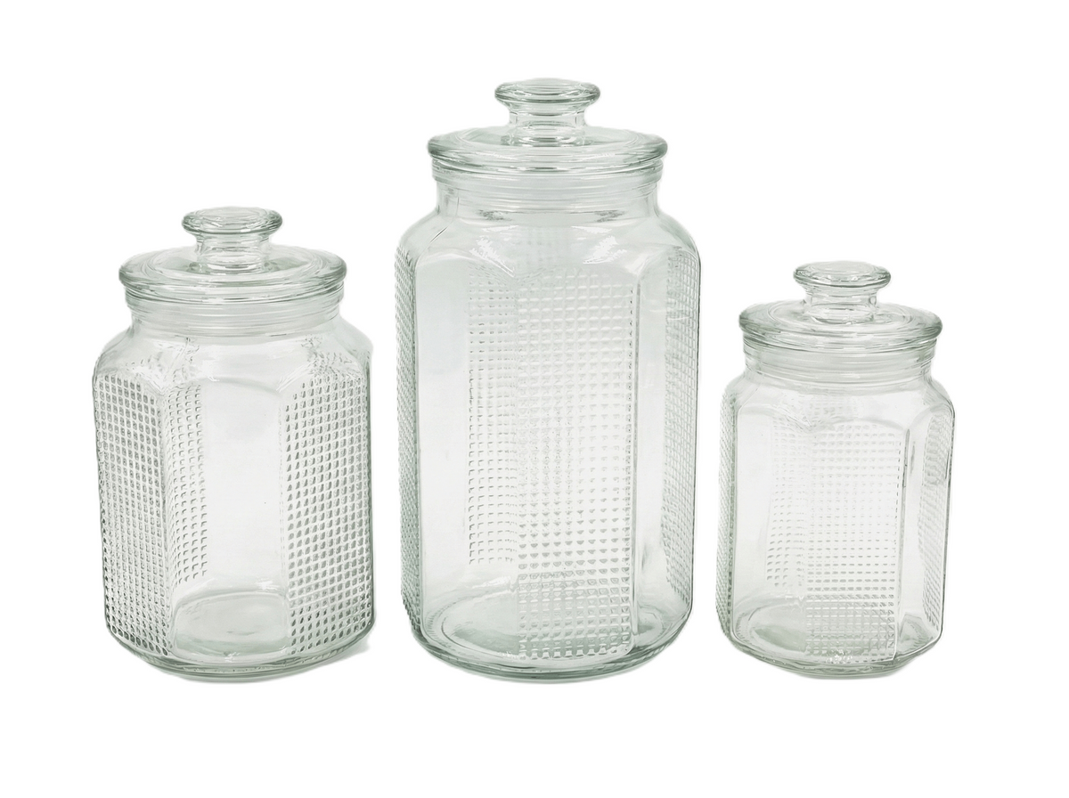 3 PCS Octagonal Glass Storage Jars with Airtight Glass Lids – 2500ml, 2000ml, 1000ml