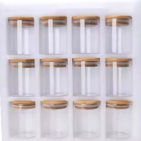طقم برطمانات توابل زجاج مدوّر – 12 قطعة (250 مل) بأغطية بامبو محكمة من ILVIA – 12-Piece Round Glass Spice Jar Set with Airtight Bamboo Lids by ILVIA