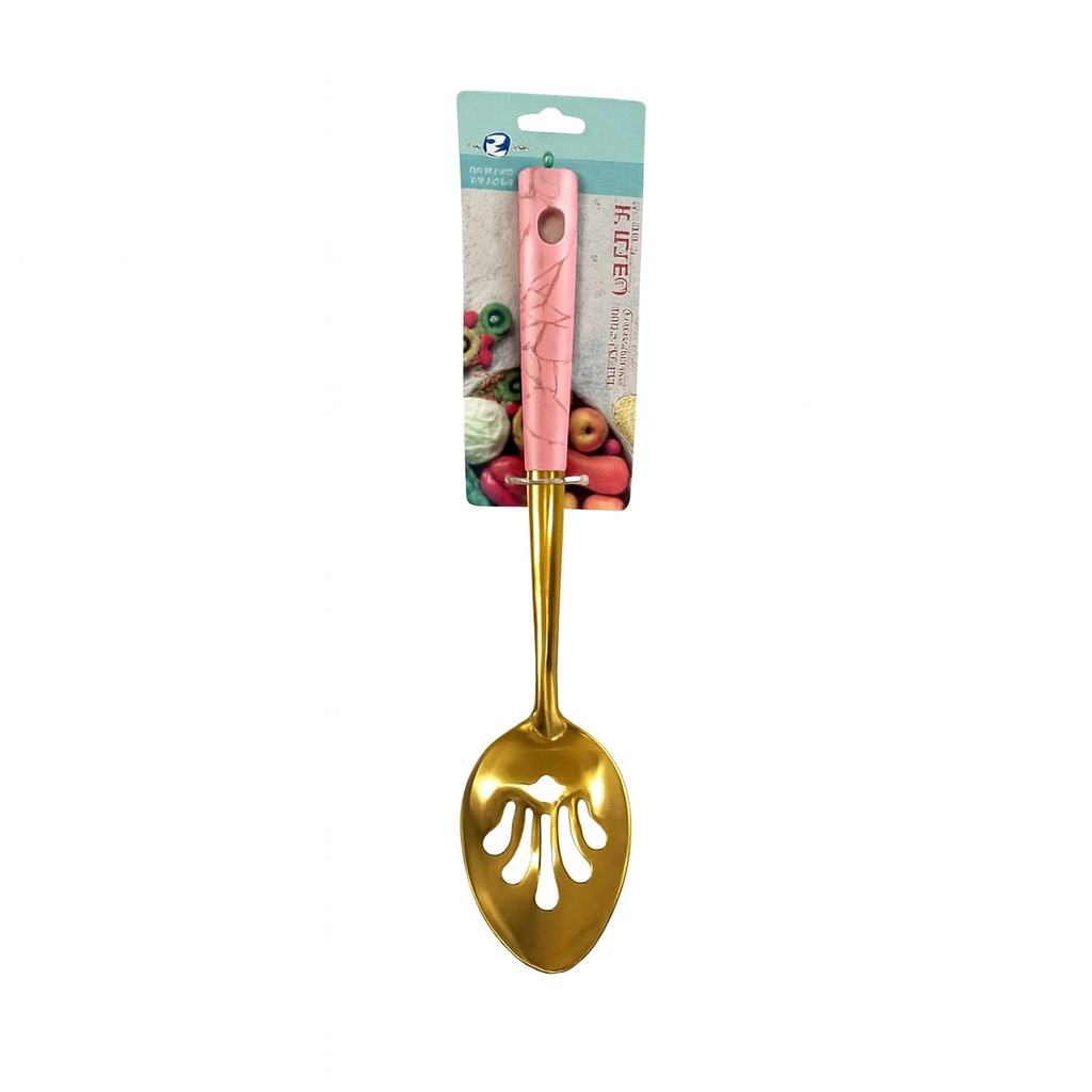 Gold Stainless Steel Slotted Spoon – Colors: Black, Pink, Olive Green with Marble Accent