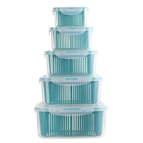 طقم 5 علب تخزين للثلاجة من ILVIA مع مصفاة بلاستيكية لتصفية الفواكه والخضروات – 5-Piece Fridge Storage Container Set with Plastic Strainer by ILVIA