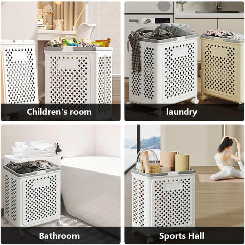 Large Foldable Laundry Basket with Wheels – Multi-use White Geometric Storage Solution