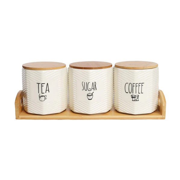 3-Piece Porcelain Tea, Coffee & Sugar Canister Set with Wooden Tray – 500ml