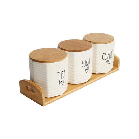 3-Piece Porcelain Tea, Coffee & Sugar Canister Set with Wooden Tray – 500ml