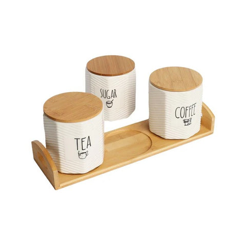 3-Piece Porcelain Tea, Coffee & Sugar Canister Set with Wooden Tray – 500ml
