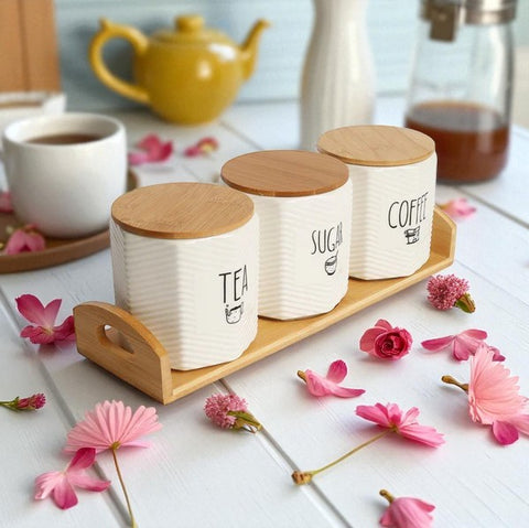 3-Piece Porcelain Tea, Coffee & Sugar Canister Set with Wooden Tray – 500ml