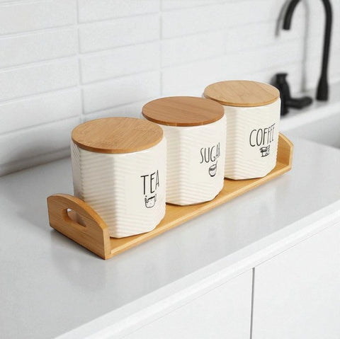 3-Piece Porcelain Tea, Coffee & Sugar Canister Set with Wooden Tray – 500ml