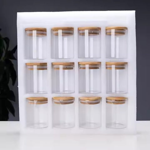 12-Piece Round Glass Spice Jar Set – 250ml with Airtight Bamboo Lids