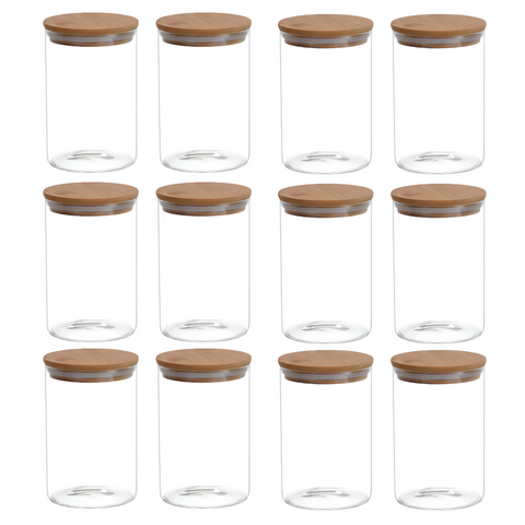 12-Piece Round Glass Spice Jar Set – 250ml with Airtight Bamboo Lids