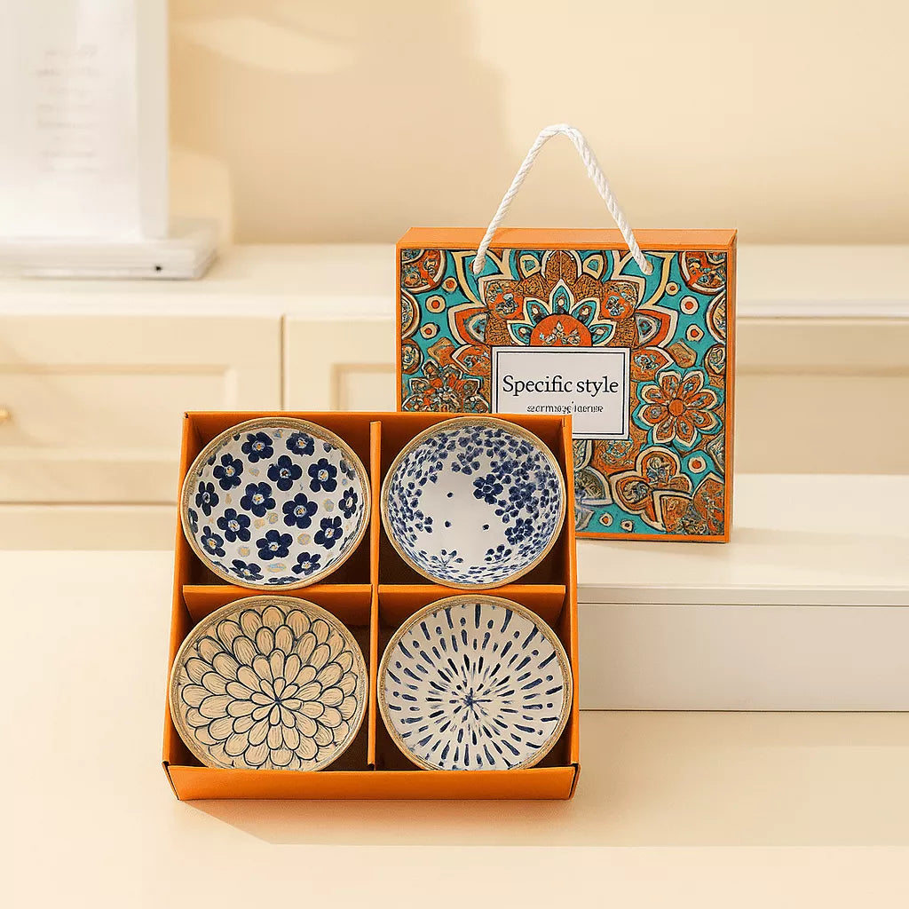 طبق سيراميك بوهيمي – نقشة أوراق زرقاء بتفاصيل دقيقة