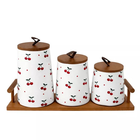 طقم علب تخزين سيراميك 3 قطع بنقشة الكرز مع أغطية وقاعدة خشب – Ceramic cherry pattern storage canisters set of 3 with wooden lids and tray by ILVIA