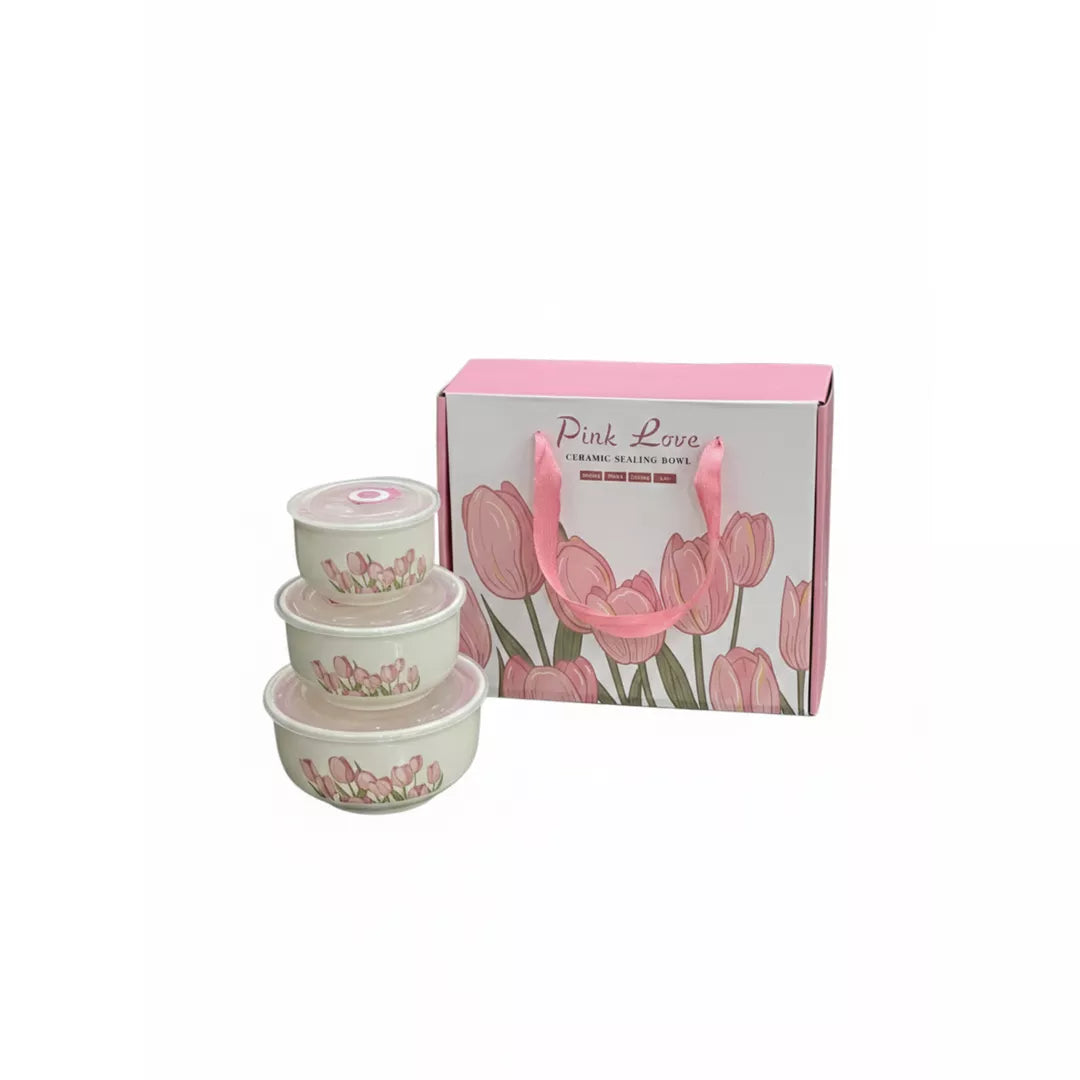 طقم علب سيراميك مزخرف بزهور وردية داخل علبة هدايا أنيقة – Floral ceramic bowl set gift box packaging