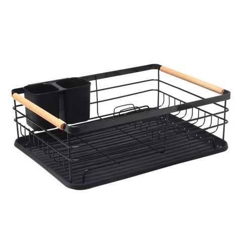 رف تجفيف الأطباق بمقابض خشب الزان أسود مقاوم للصدأ من ILVIA – Dish Drainer Rack with Beechwood Handles Black Rust-Resistant