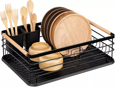 رف تجفيف أطباق أنيق مع مقابض خشب طبيعي – Elegant Dish Drainer with Beechwood Handles