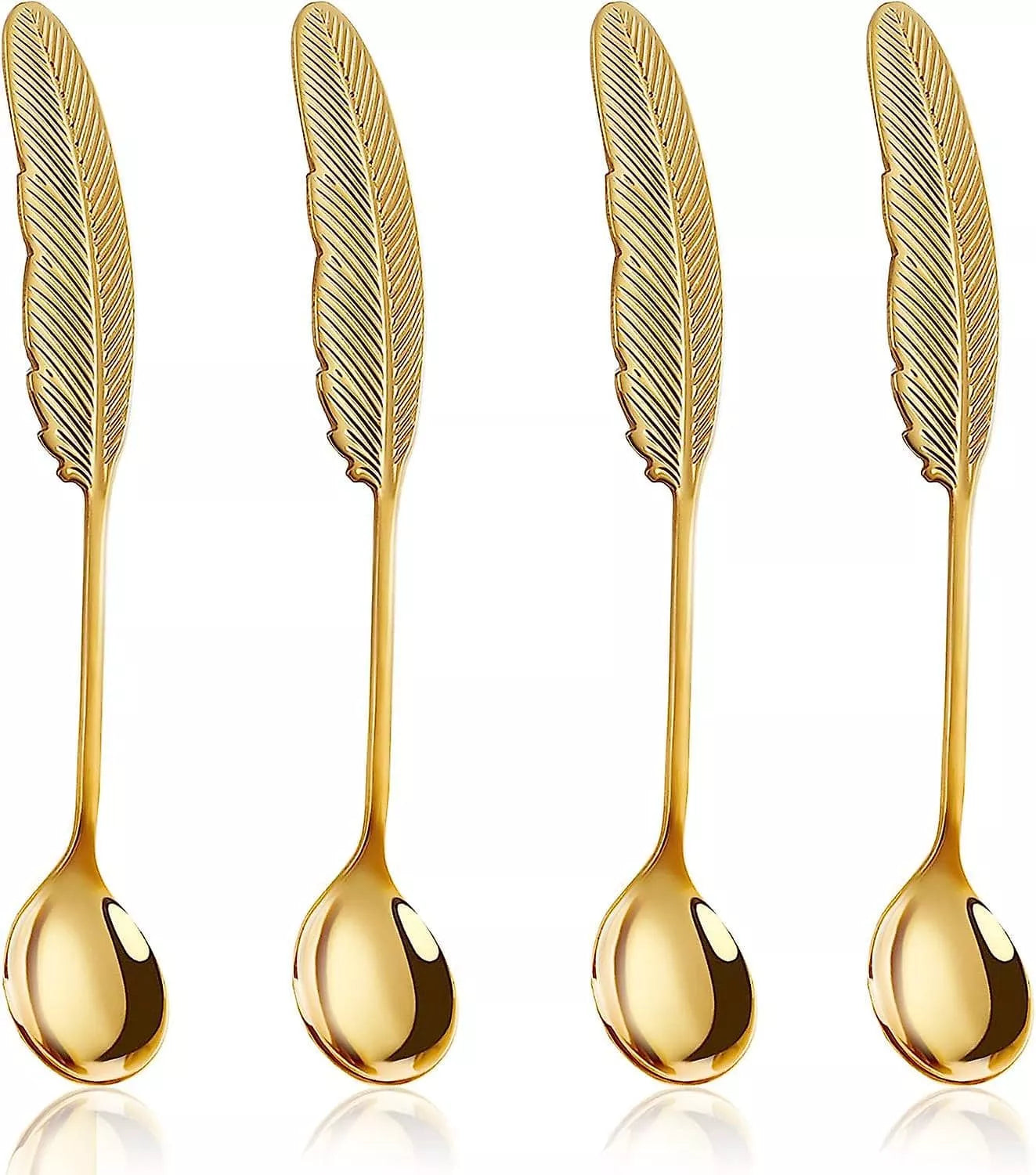 تصميم مقبض معلقة ريشة ذهبي ستانلس ستيل – Gold feather handle stainless steel teaspoon detail