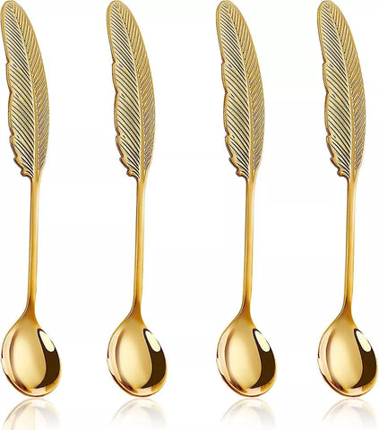 تصميم مقبض معلقة ريشة ذهبي ستانلس ستيل – Gold feather handle stainless steel teaspoon detail