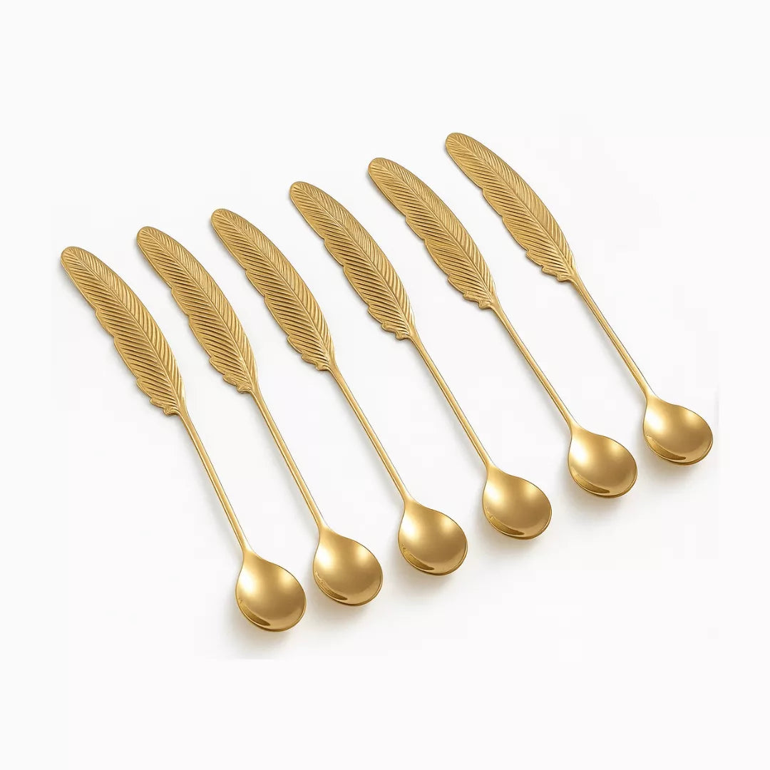 طقم معالق شاي ستانلس ستيل ذهبي تصميم ريشة 6 قطع – Gold feather stainless steel teaspoons set of 6
