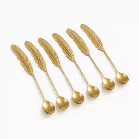 طقم معالق شاي ستانلس ستيل ذهبي تصميم ريشة 6 قطع – Gold feather stainless steel teaspoons set of 6