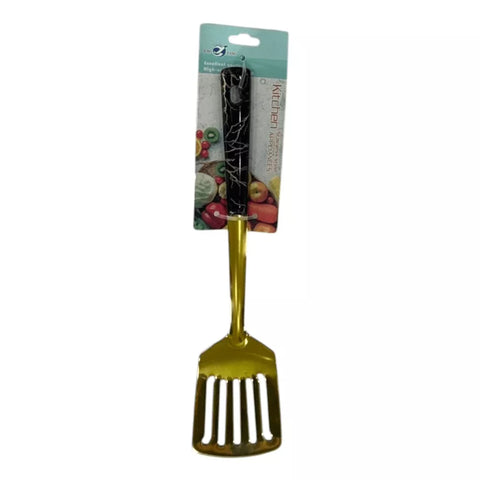 ملعقة مسطحة مشقوقة ستانلس ستيل ذهبي – أسود – مقبض رخامي / Gold Slotted Turner Spatula – Black Marble Handle