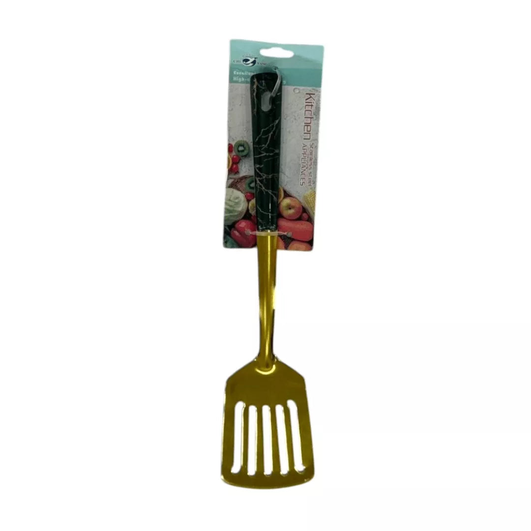ملعقة مسطحة مشقوقة ستانلس ستيل ذهبي – أخضر زيتوني – مقبض رخامي / Gold Slotted Turner Spatula – Olive Green Marble Handle