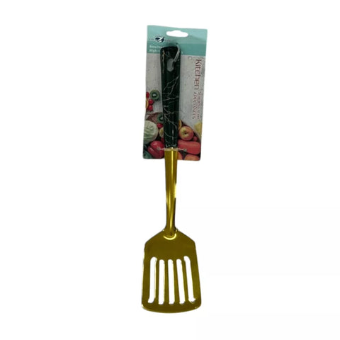 ملعقة مسطحة مشقوقة ستانلس ستيل ذهبي – أخضر زيتوني – مقبض رخامي / Gold Slotted Turner Spatula – Olive Green Marble Handle