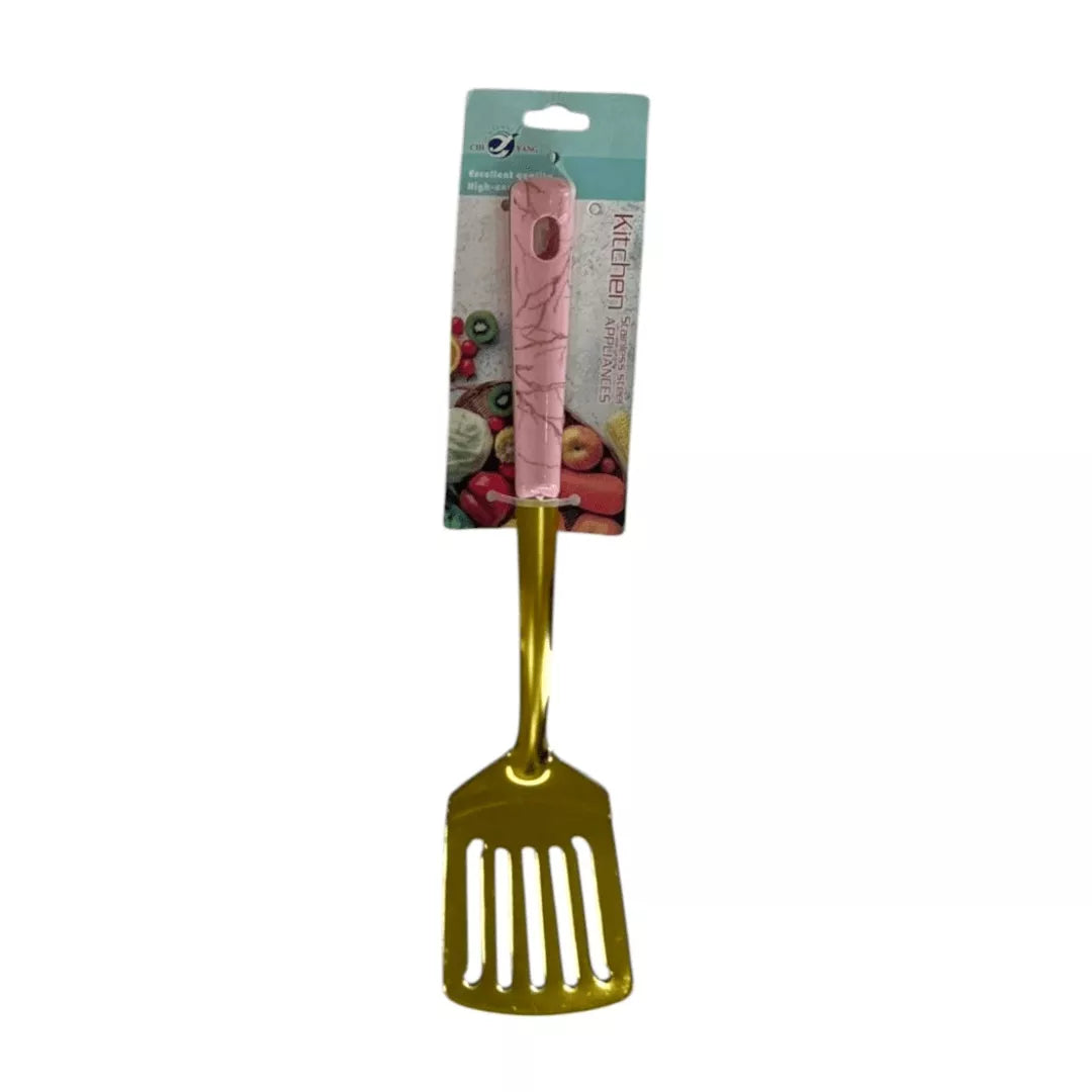 ملعقة مسطحة مشقوقة ستانلس ستيل ذهبي – وردي – مقبض رخامي / Gold Slotted Turner Spatula – Pink Marble Handle