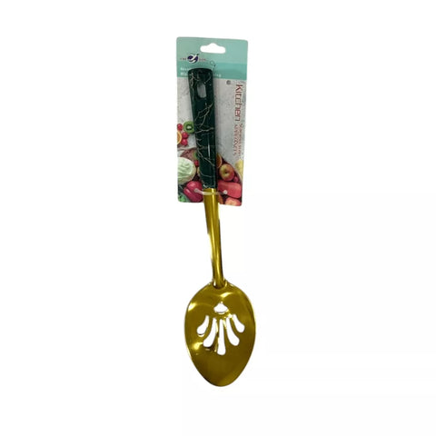 ملعقة فتحات ستانلس ستيل ذهبي – اللون أخضر زيتوني – أداة طهي عملية وعصرية / Gold Stainless Steel Slotted Spoon – Olive Green – Stylish & Functional Cooking Tool