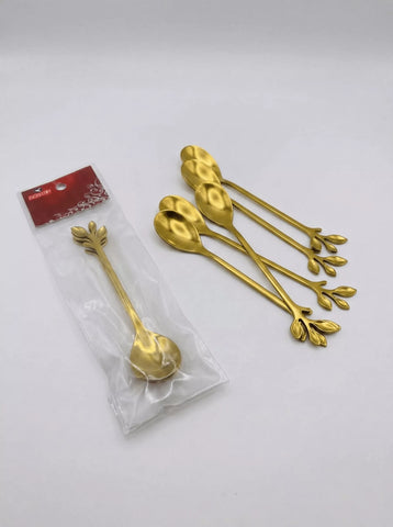 6 PCS Stainless Steel Coffee & Dessert Spoons – Creative Leaf Handle – Elegant Golden Finish