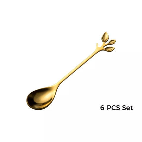 6 PCS Stainless Steel Coffee & Dessert Spoons – Creative Leaf Handle – Elegant Golden Finish