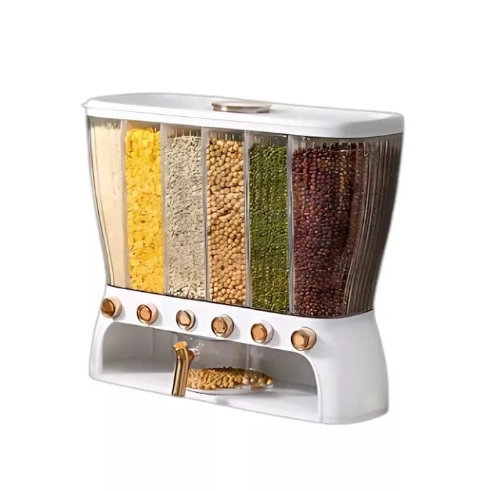 ديسبنسر بقوليات 6 خانات لتخزين الحبوب والبقوليات بغطاء محكم من ILVIA – Grain Dispenser 6 Grid Airtight Food Storage Container by ILVIA