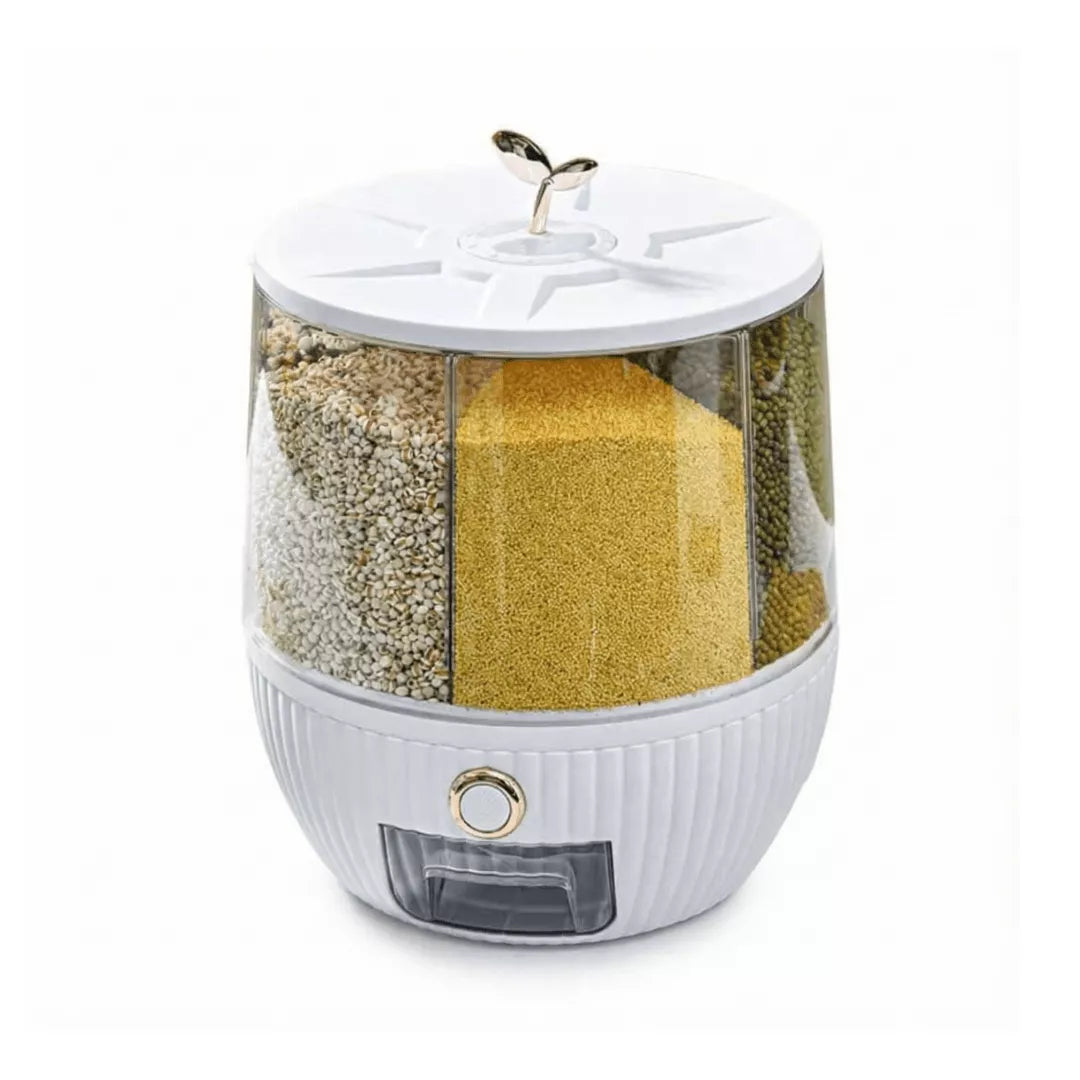 حاوية تخزين الحبوب 6 أقسام – عرض أمامي يوضح التصميم الكامل