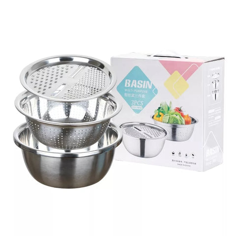 3-Piece Stainless Steel Set – Mixing Bowl, Strainer & Grater