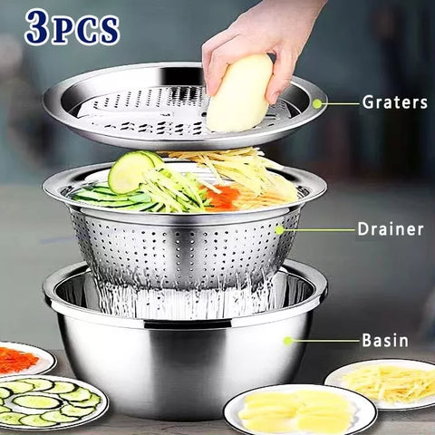 3-Piece Stainless Steel Set – Mixing Bowl, Strainer & Grater