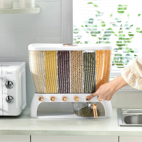 Grain Dispenser – 6 Grid Food Storage Container with Airtight Lid