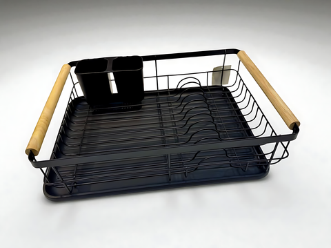 Dish Drainer Rack with Beechwood Handles – Black, Rust-Resistant