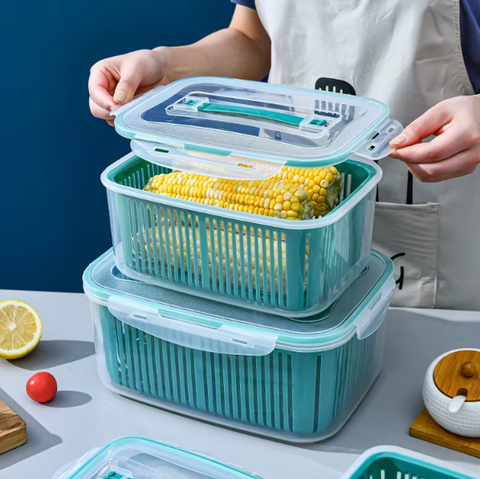 5-Piece Fridge Storage Container Set with Plastic Strainer for Fruits & Vegetables