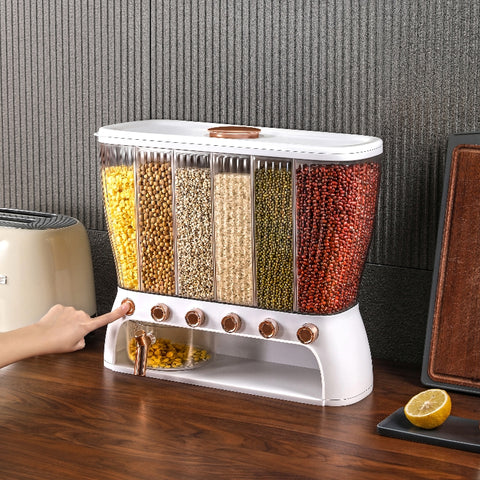Grain Dispenser – 6 Grid Food Storage Container with Airtight Lid