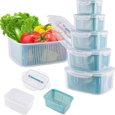 5-Piece Fridge Storage Container Set with Plastic Strainer for Fruits & Vegetables