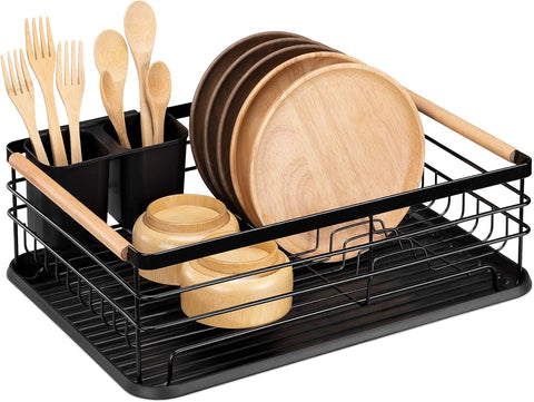 Dish Drainer Rack with Beechwood Handles – Black, Rust-Resistant