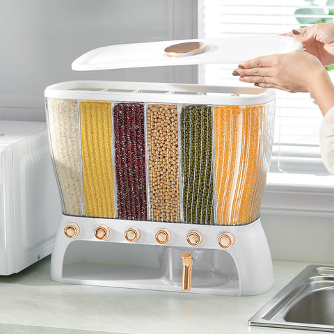Grain Dispenser – 6 Grid Food Storage Container with Airtight Lid