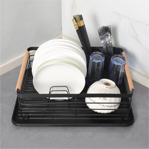 Dish Drainer Rack with Beechwood Handles – Black, Rust-Resistant