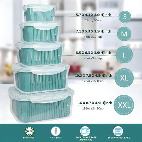 5-Piece Fridge Storage Container Set with Plastic Strainer for Fruits & Vegetables