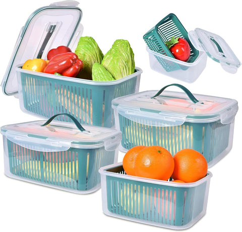 5-Piece Fridge Storage Container Set with Plastic Strainer for Fruits & Vegetables