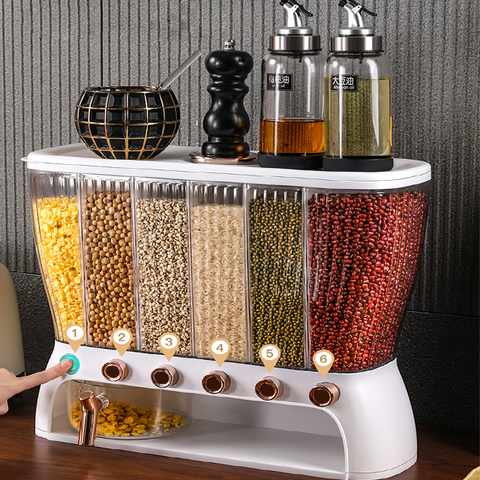 Grain Dispenser – 6 Grid Food Storage Container with Airtight Lid