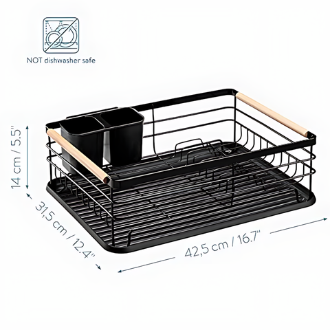 Dish Drainer Rack with Beechwood Handles – Black, Rust-Resistant