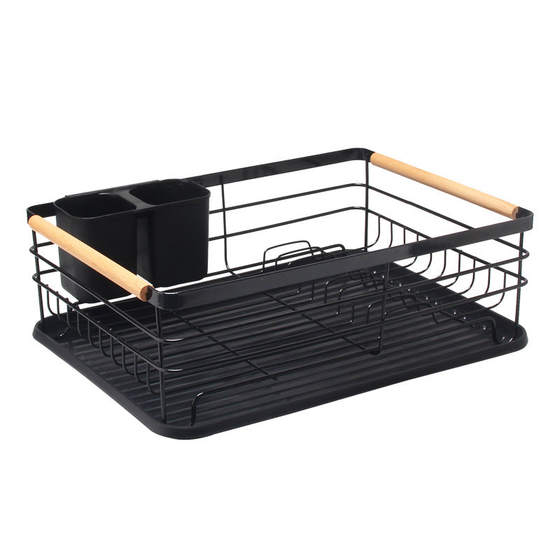 Dish Drainer Rack with Beechwood Handles – Black, Rust-Resistant