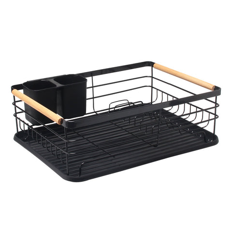 Dish Drainer Rack with Beechwood Handles – Black, Rust-Resistant