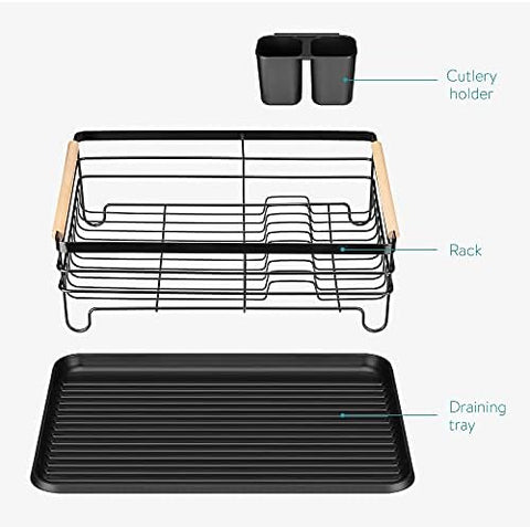 Dish Drainer Rack with Beechwood Handles – Black, Rust-Resistant
