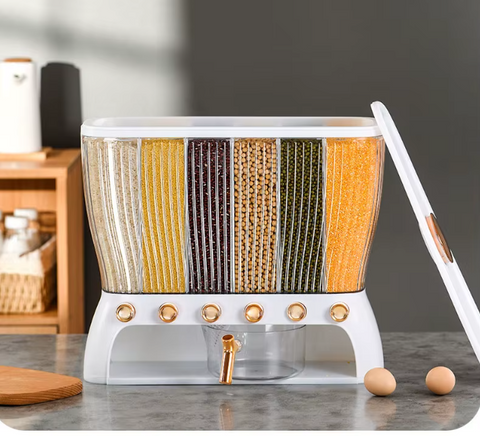 Grain Dispenser – 6 Grid Food Storage Container with Airtight Lid