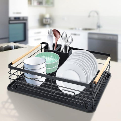 Dish Drainer Rack with Beechwood Handles – Black, Rust-Resistant
