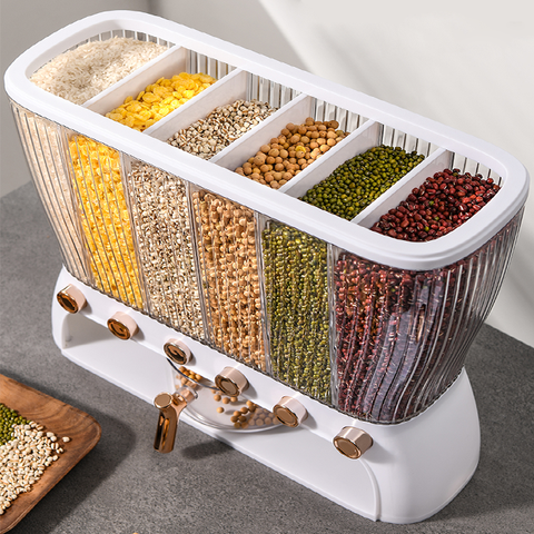 Grain Dispenser – 6 Grid Food Storage Container with Airtight Lid
